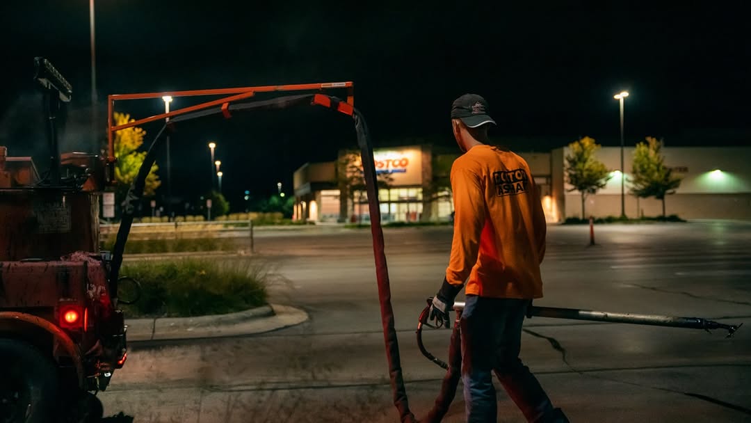 Night sealcoat work at Costco